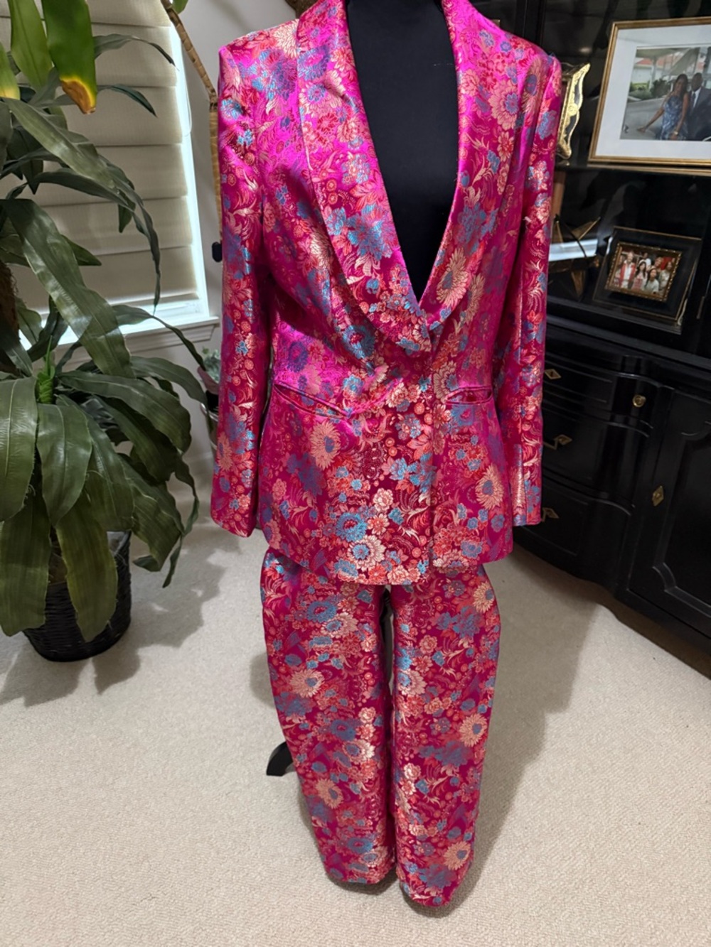 Fashion Nova Fuchsia Floral Satin Blazer & Pants Set